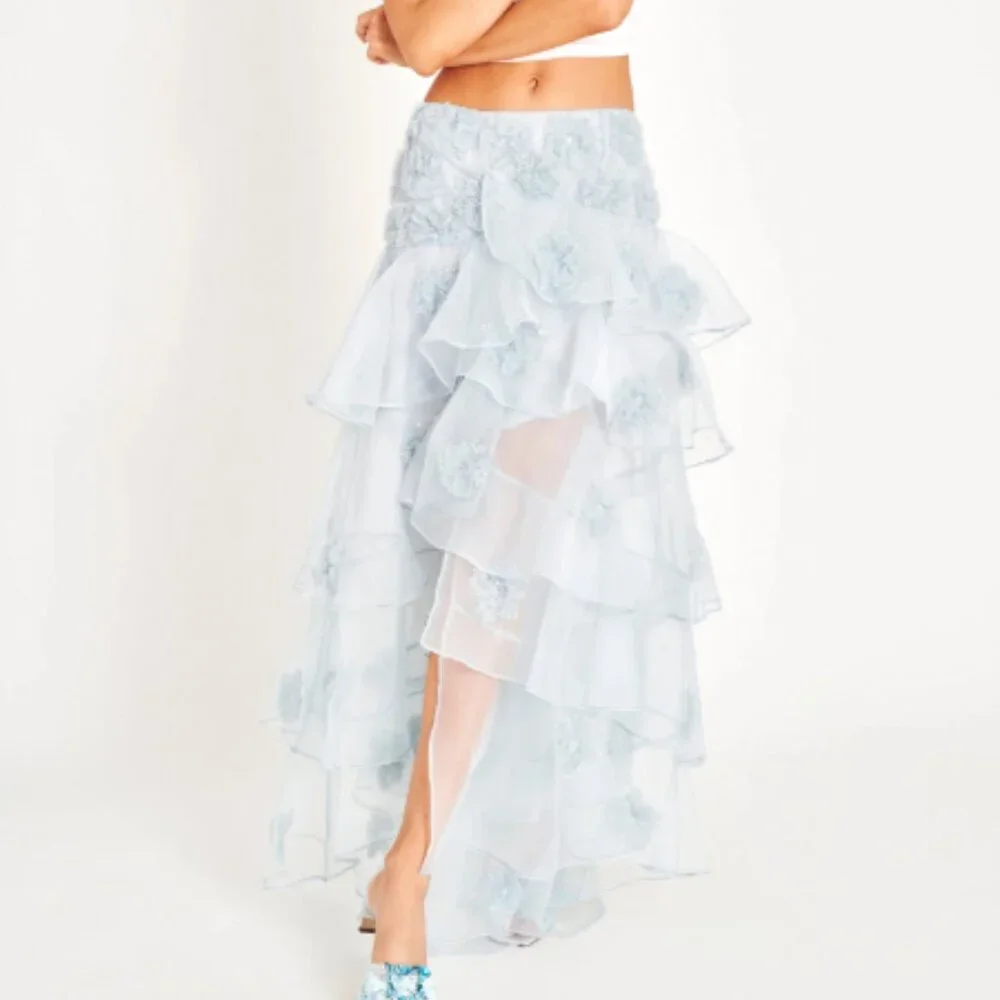 LoveShackFancy Light Blue Layered Skirt - Grover Tiered Floral Appliqué Skirt - Picture 5 of 8